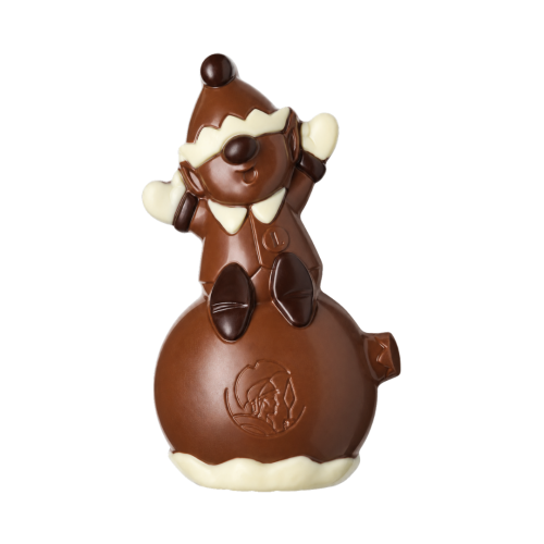 Figurină Elf Leonidas 100g din ciocolată belgiană, elf bicolor așezat pe glob de brad, cadou și figurină de Crăciun.