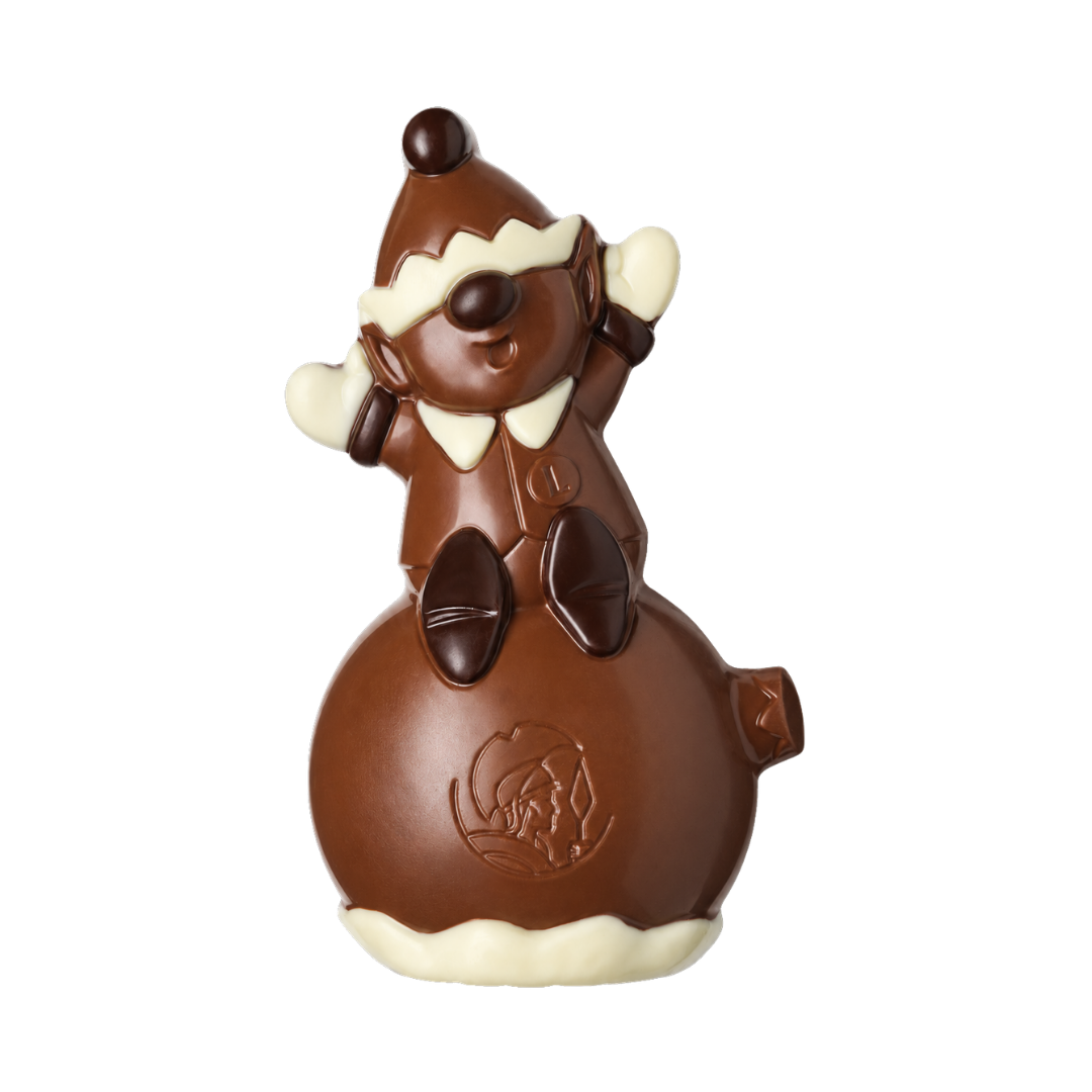 Figurină Elf Leonidas 100g din ciocolată belgiană, elf bicolor așezat pe glob de brad, cadou și figurină de Crăciun.